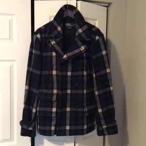 Men’s Polo Wool Pea Coat Navy Plaid Large